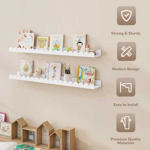 36 Inch Set 2, Fun Memories Scalloped Nursery Shelf, White Picture Ledge for Wall, of Kids Book Shelves with Floating