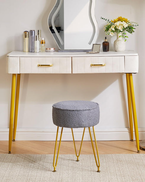 WBD009G IBUYKE Teddy Velvet Round Footrest Stool Ottoman, Makeup Vanity Stool Side Table, Velvet Dressing Table Seat