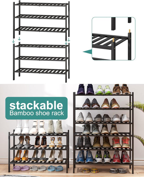3-Tier Closet, viewcare Black Bamboo Shoe Rack for Entryway, Stackable | Foldable | Natural, Shoe Shelf Storage