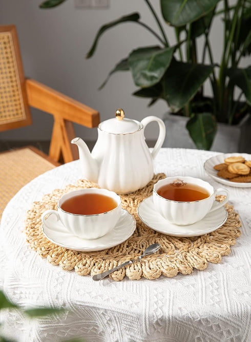 Set, Set, Set 6 (8 oz)- Amazingware Royal Tea Cups and Saucers, with Gold Trim and Gift Box, British Coffee Cups, Tea