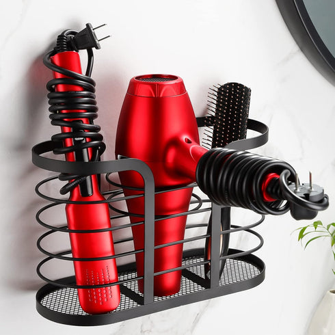 YIGII Hair Dryer Holder - Wall Mount Organizer for Bathroom, Adhesive Blow Dryer Holder for Hot Tools, Black