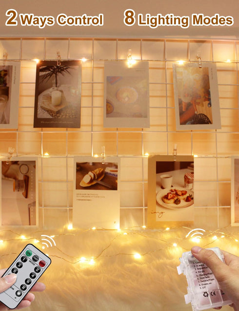 33FT 100 50 8 Photo Clip String Lights with Remote, LED Battery Operated String Lights, Waterproof Copper Wire Starry