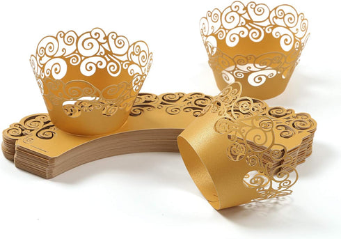 KPOSIYA Cupcake Wrappers, 100 Pack Filigree Artistic Bake Cake Paper Cup, Gold Laser Cut Liner for Wedding Party