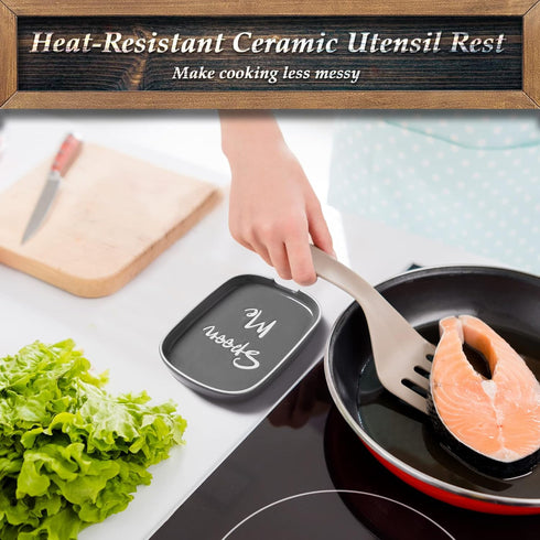 Ceramic Spoon Rest for Stove Top - DAYYET Large Spoon Holder, Heat-Resistant Cooking Utensil Rest, Kitchen Decor, Grey