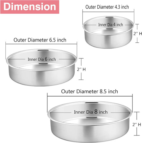 P&P CHEF Cake Pan Set of 3, 4" + 6" + 8" Round Baking Layer Pans, Stainless Steel Bakeware for Birthday