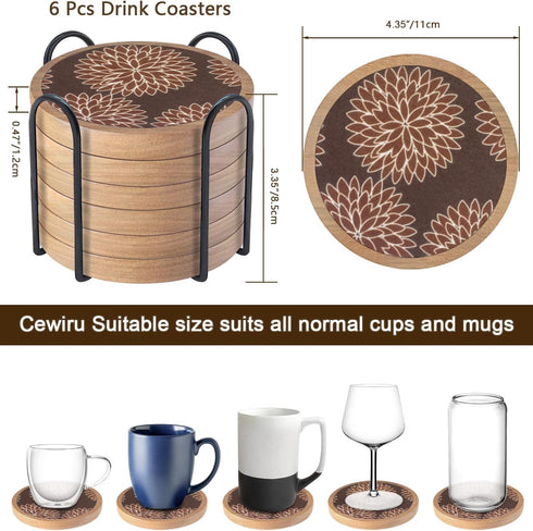 Cewiru Set 6 4.3" Wood Coasters of with Holder, Cup Mat for Drinks, Absorbent Coasters with Felt Insert for Coffee