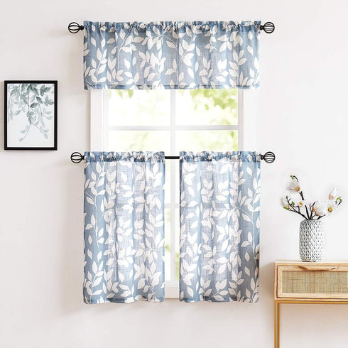 Treatmentex Blue Kitchen Tier Curtains, 24" Short White Leaf Print Café Curtains, 2 Panels