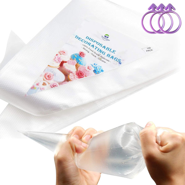 TOSSOW 100 Pack Disposable Pastry Bags, Thickened Piping with 3 Icing Bags Ties for All Sized Tips Kit