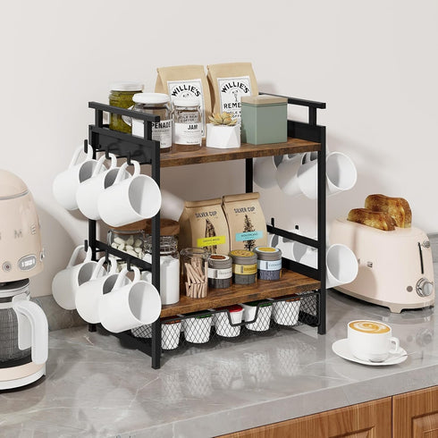 3 Countertop, 12 Coffee Bar Organizer, Tier Coffee Station Organizer for Mug Cup Holder Stand with Hooks, with K Cup