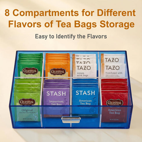 HappyDino Countertop, Acrylic Tea Bag Organizer and Storage Box Stackable Tea Bag Holder with Drawer for Navy Blue