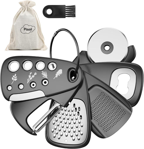 Kitchen Unique Gadgets Set, 6 Pieces Space Saving Tools, Cheese Grater, Bottle Opener, Peeler, Pizza Cutter, Herb
