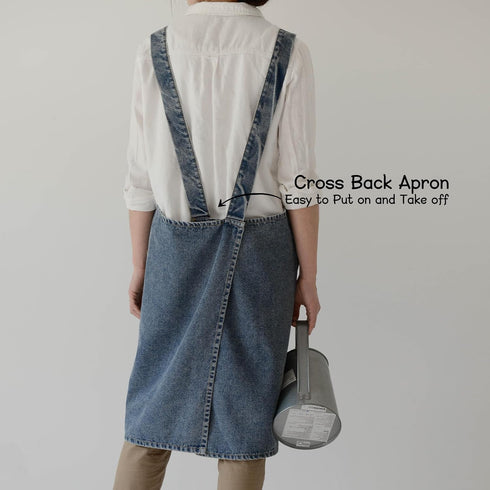 2 Surblue Cotton Denim Apron With Pockets, Cross Back Aprons for Women Men, Bib Jean Kitchen Apron for Arts Cafe Work