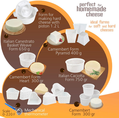 16 5 pcs Cheese Making Kit for Beginners - Soft Cheese Form Molds for Cheese Making + Thermometer + Hard Cheese Mold