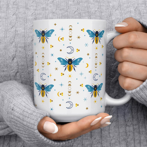 Celestial Bee Pattern Ceramic Coffee Mug, Honeycomb Moon Stars Tea Cup, Gift for Women Friend