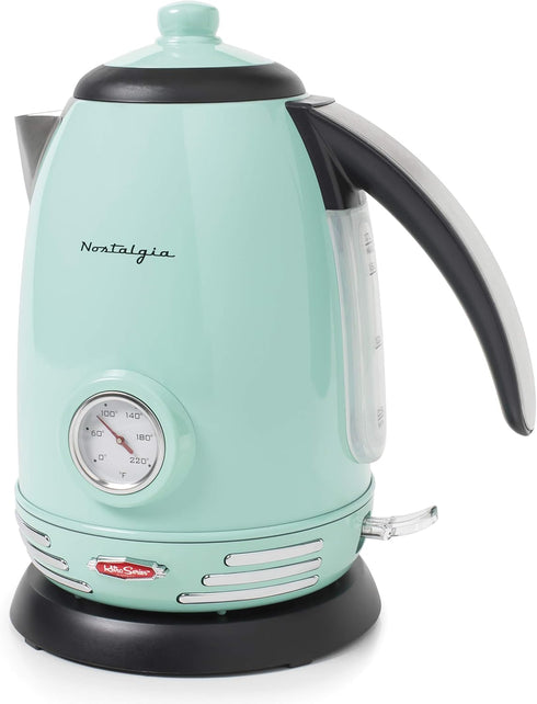 Nostalgia Retro Electric Tea and Water Kettle, 1.7 Liters, Stainless Steel, Auto-Shut Off, Aqua