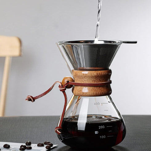 TOPINCN Double Layer Filter V Spout Wooden Sleeve Pour Over Coffee Maker 400ml Capacity, Clear Scale Glass Material