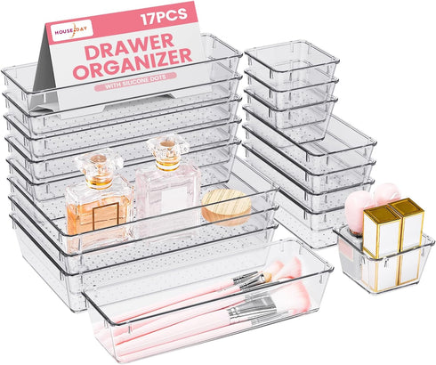 HOUSE DAY Makeup Drawer Organizer Trays, 17 PCS Clear Drawer Organizers with Silicone Pads for Vanity & Storage