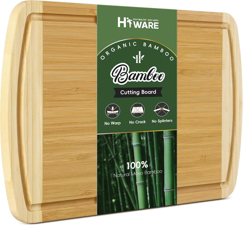 Large Wooden Cutting Board for Kitchen Meal Prep & Serving, Bamboo with Juice Groove, 16" x 10"