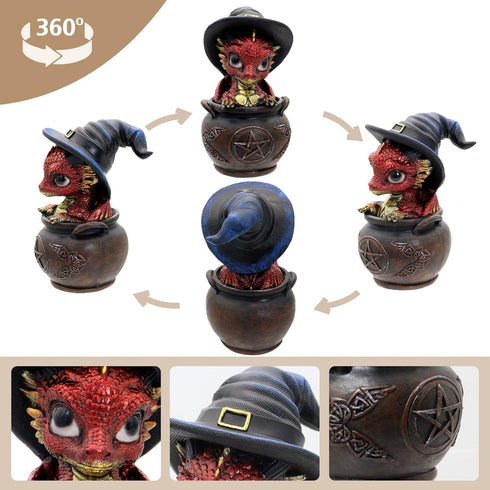 Aura Mojo Mini Dragon Figurine in Cauldron Fantasy Dragon Statue with Witch Hat Cute Desk & Bookshelf Dcor