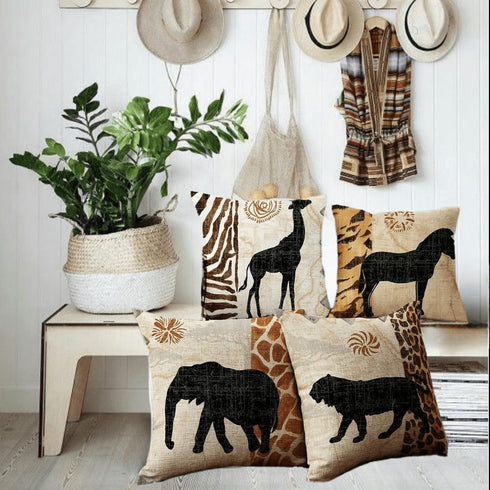 VENUSL Set of 4 Decorative Throw Pillow Covers, African Animals Giraffe, Elephant, Horse, Leopard, 18x18 Inch