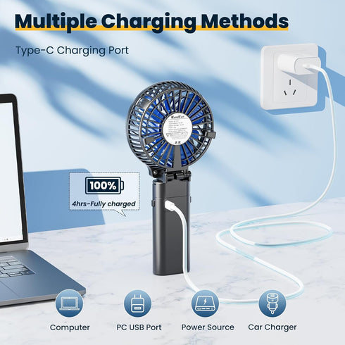 HandFan 5200mAh Portable Handheld Fan, Rechargeable with Power Bank, 3 Speeds, Foldable for Travel/Summer/Concerts