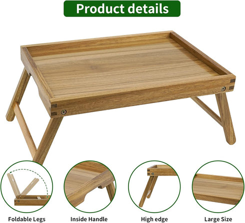 VaeFae Acacia Bed Table Tray, Wooden Breakfast Tray with Folding Legs, Bed Tray for Eating and Laptop, Eating Trays