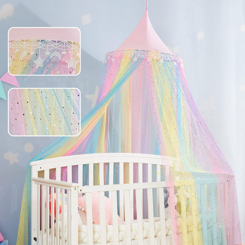 Rainbow Bed Canopy for Girls,Shiny Kids Princess Round Dome Bed Curtain with Star Moon Glitter,Kids Crib Canopy Play