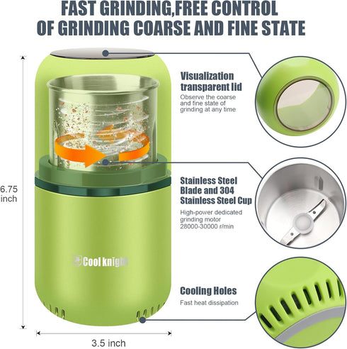 COOL KNIGHT Electric Herb Grinder, Large Capacity Spice Coffee Grinder with Pollen Catcher - 7.5" (Green)
