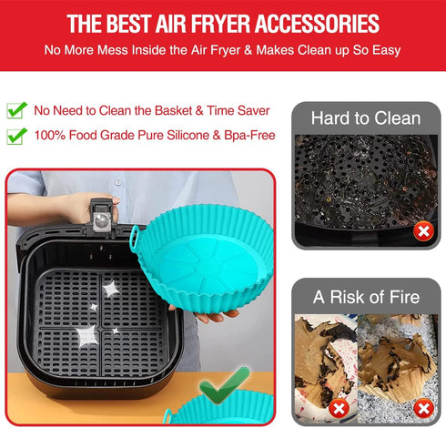 2 Pack Air Fryer Silicone Liners for 3 to 5 QT, Reusable Baking Tray Oven Accessories, Red+Blue