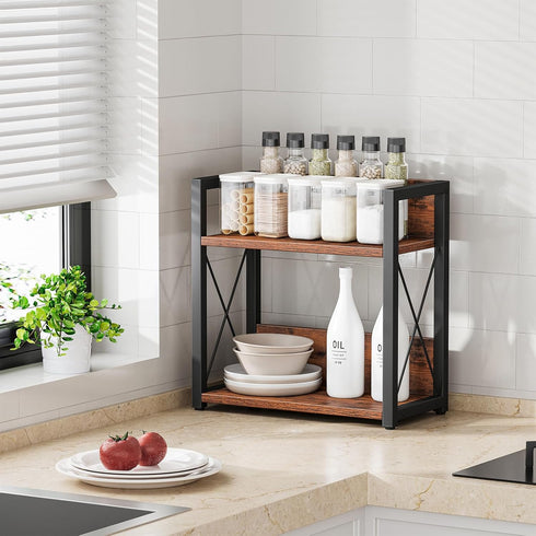 Giikin Counter Shelf Organizer, 2 Tier Kitchen Spice Rack for Countertop, Rustic Brown Wood Coffee Counter Organizer