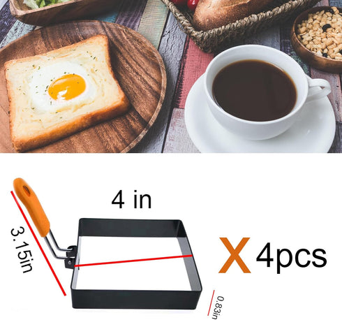 WOWITIS 4 4 Inch Egg,4" Large Pcs Sqaure Egg Ring for Griddle Frying Non-stick Stainless Steel Square Egg Mold,Square