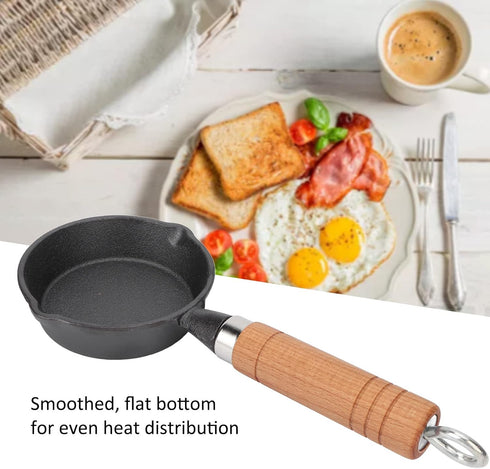 Mini Egg Frying Pan, 3.9in Mini Omelet Pan Single Serve Egg Frying Pan with Wooden Handle Cast Iron Pot Flat Bottomed Pancake Pan for Stove Gas Electric Induction by Cyrank