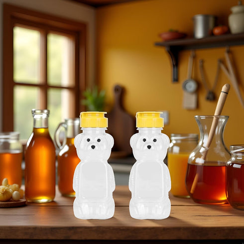 BWESOO 2Pcs 8 Oz Yellow Plastic Bear Honey Bottle Jars, Empty Honey Squeeze Bottle with Flip-top Lid for Storing