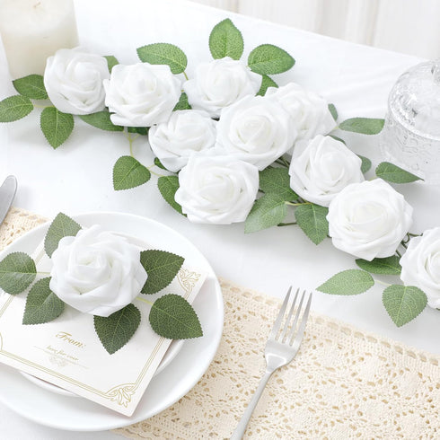 DerBlue 60pcs Artificial Roses Flowers - Real Looking Fake Roses with Stem & 10pcs Green Leaves for DIY Decorations
