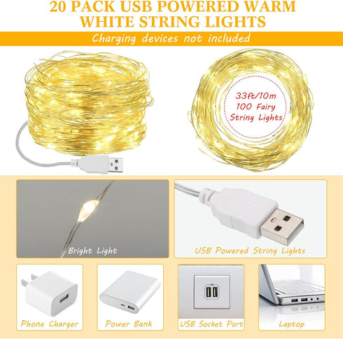 20 33 100 Macarrie Pcs USB String Lights ft LED Fairy Lights Powered String for Christmas Indoor Outdoor Wedding Party