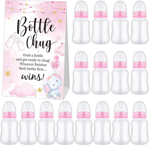 TrelaCo Baby Shower Game Sign, 20 Pcs Baby Bottles Shower Favor Set for Gender Reveal Party (Pink, Elephant)