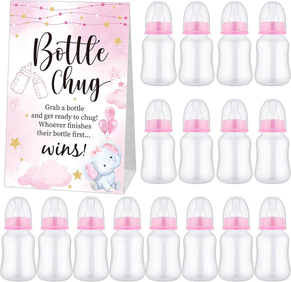 TrelaCo Baby Shower Game Sign, 20 Pcs Baby Bottles Shower Favor Set for Gender Reveal Party (Pink, Elephant)