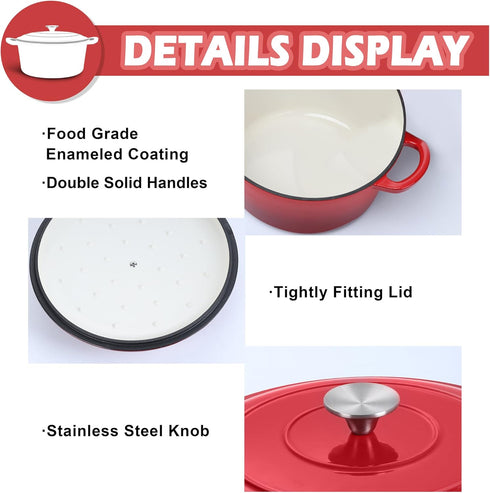 3qt TeamFar Dutch Oven, Small Enameled Cast Iron Dutch Oven Pot with Lid, For Bread Baking/Stewing/Braising/Frying