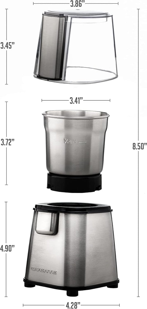 OVENTE Electric Coffee Grinder, 2.1 Ounce Cup, 200 Watt Motor, Stainless Steel Grinding Bowl, Silver CG620S