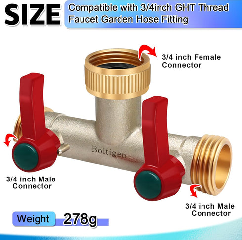 3/4 Splitter2 180 Boltigen GHT Garden Hose Way Heavy Duty Water Hose Splitter, Brass Nickel Plated Outdoor Faucet