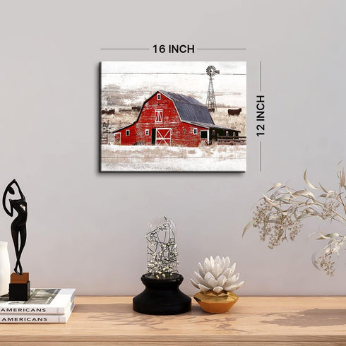 Rustic Farmhouse Canvas Print - Country Red Barn Pictures Wall Art with Windmill and Highland Cow for Kitchen Living