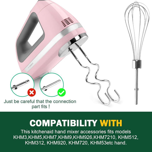 Hand Mixer Beaters for KitchenAid - Dough Hooks & Whisk Attachment, KHMPW Stainless Steel Egg Beater/Whisk, 3PCS