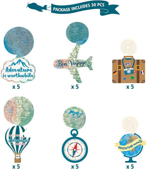 30CT Adventure Awaits Travel Themed Hanging Swirl Decorations - Bon Voyage, Farewell, Retirement Party Supplies