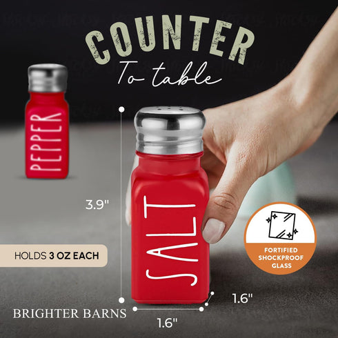 Red Salt and Pepper Shakers Set by Brighter Barns, Modern Farmhouse Kitchen Decor with Stainless Steel Lid