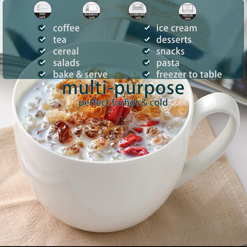 22 OZ Set 2 White Bone China Soup Mugs with Handles, Large Ceramic Coffee Mugs of for Hot Chocolate Cocoa Cereal Salads