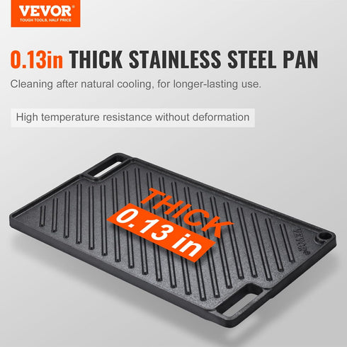 VEVOR Reversible Grill/Griddle, 17x10'' Pre-Seasoned Cast Iron Griddle Pan for BBQ, Gas Grill, Non-Stick Cookware.