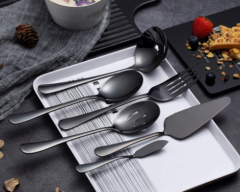 HOMQUEN 6-Piece Black Serving Flatware Set, Stainless Steel Utensil Set with Cake Server, Soup Ladle