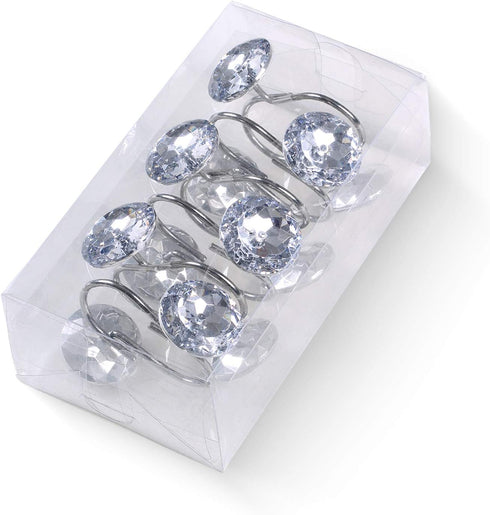 CHICTIE Set of 12 Crystal Decorative Shower Curtain Hooks, Stainless Steel Rust Resistant White Round Diamond