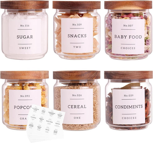6 Set Glass Pantry Storage Jars with Acacia Airtight Lid - 15oz