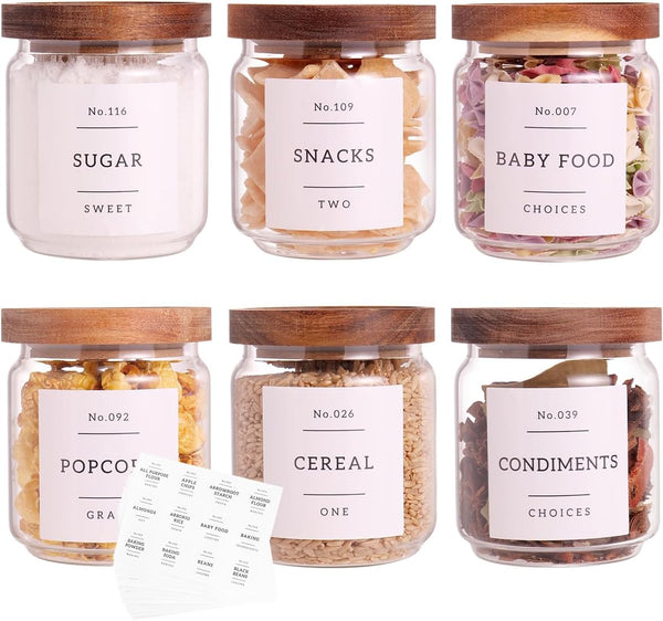 6 Set Glass Pantry Storage Jars with Acacia Airtight Lid - 15oz